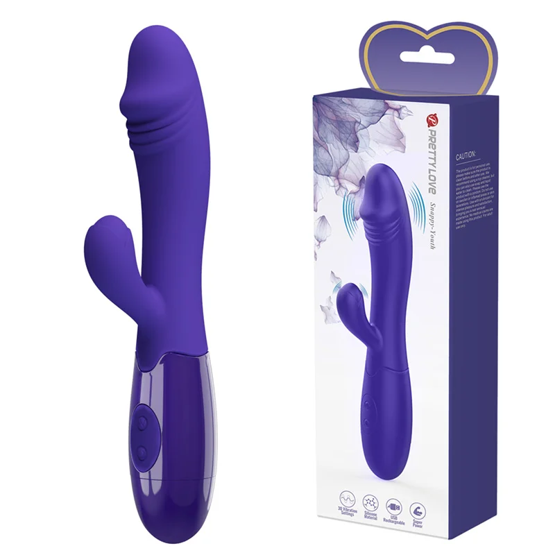 Una imagen que muestra a un  Snappy Vibrador recargable y también su empaque original